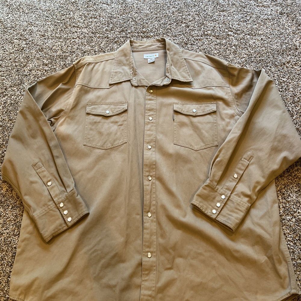 Carhartt Shirt Mens Large Beige Pearl Snap Long Sleeve Western Work  3XL